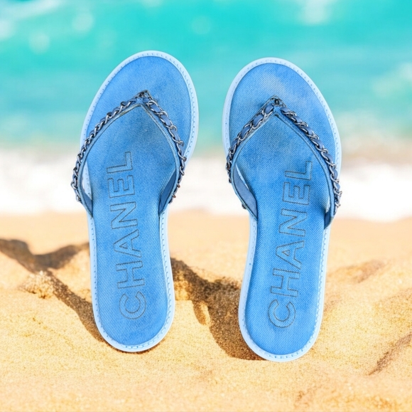 CHANEL CC CHARM DENIM FLIP FLOP WOMEN'S SANDALS - Picture 11 of 13